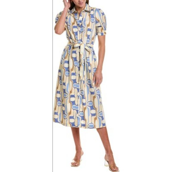 J. McLaughlin Cream and Blue Geometric Midi Dress - Picture 1 of 6